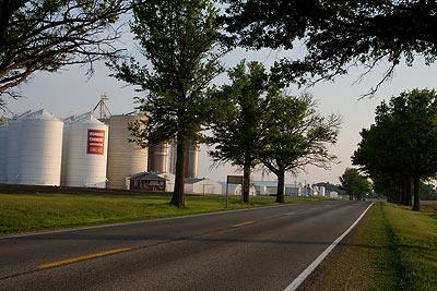 Roanoke, Illinois grain towers at dusk.
