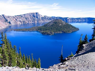Wizard Island in the middle of Crater Lake, Oregon.